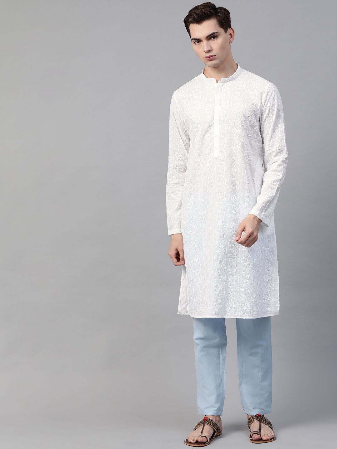 

See Designs Men White Pure Cotton Chikankari Embroidered Straight Kurta