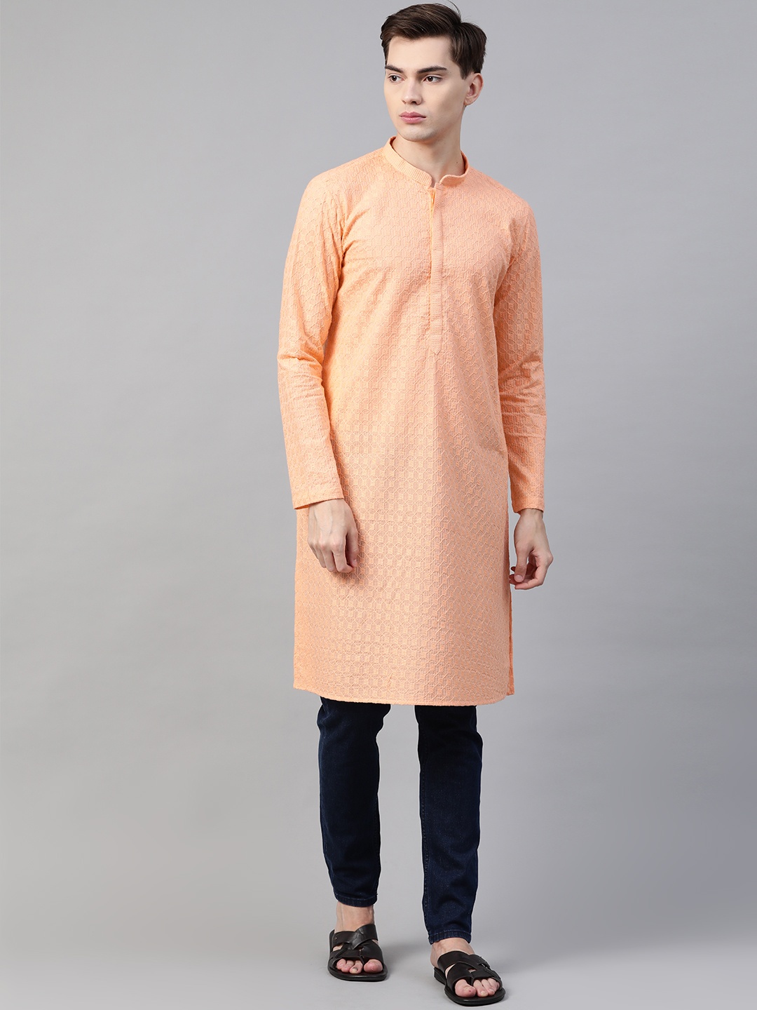 

See Designs Men Peach-Coloured Geometric Embroidered Chikankari Pure Cotton Kurta