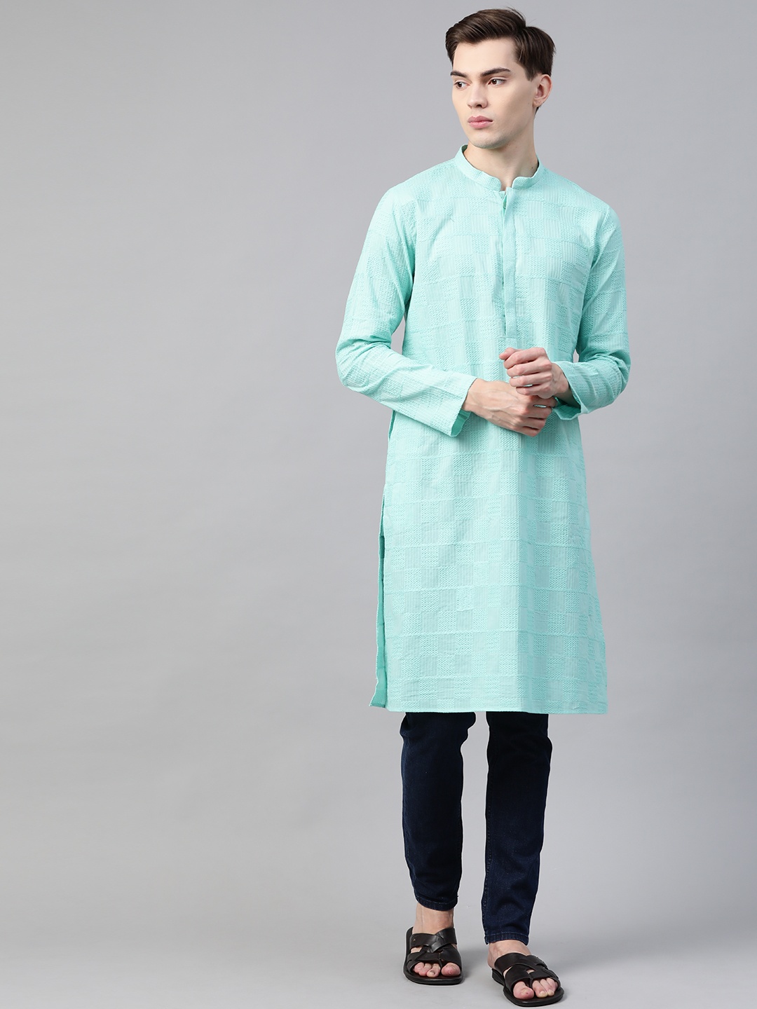 

See Designs Men Sea Green Ethnic Motifs Chikankari Embroidered Straight Kurta