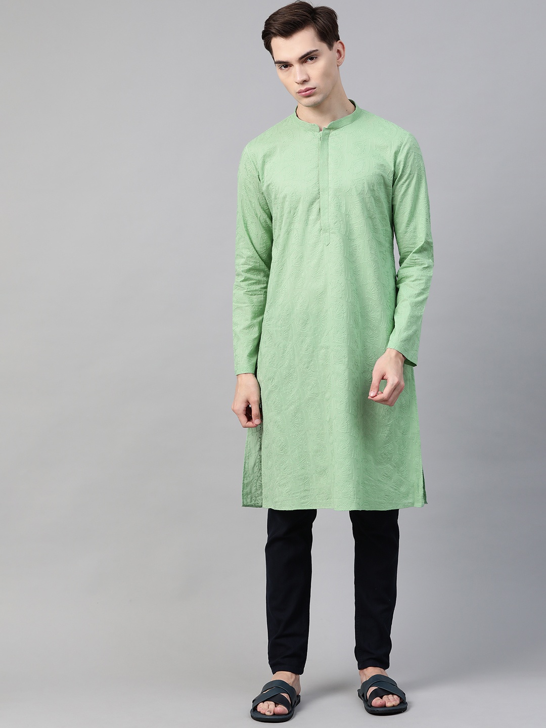 

See Designs Men Green Ethnic Motifs Chikankari Embroidered Chikankari Kurta