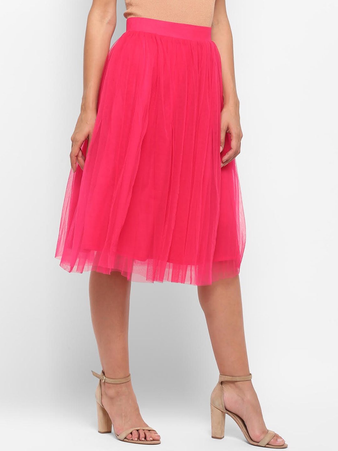 

ROVING MODE Women Pink Solid Net Flared Skirt