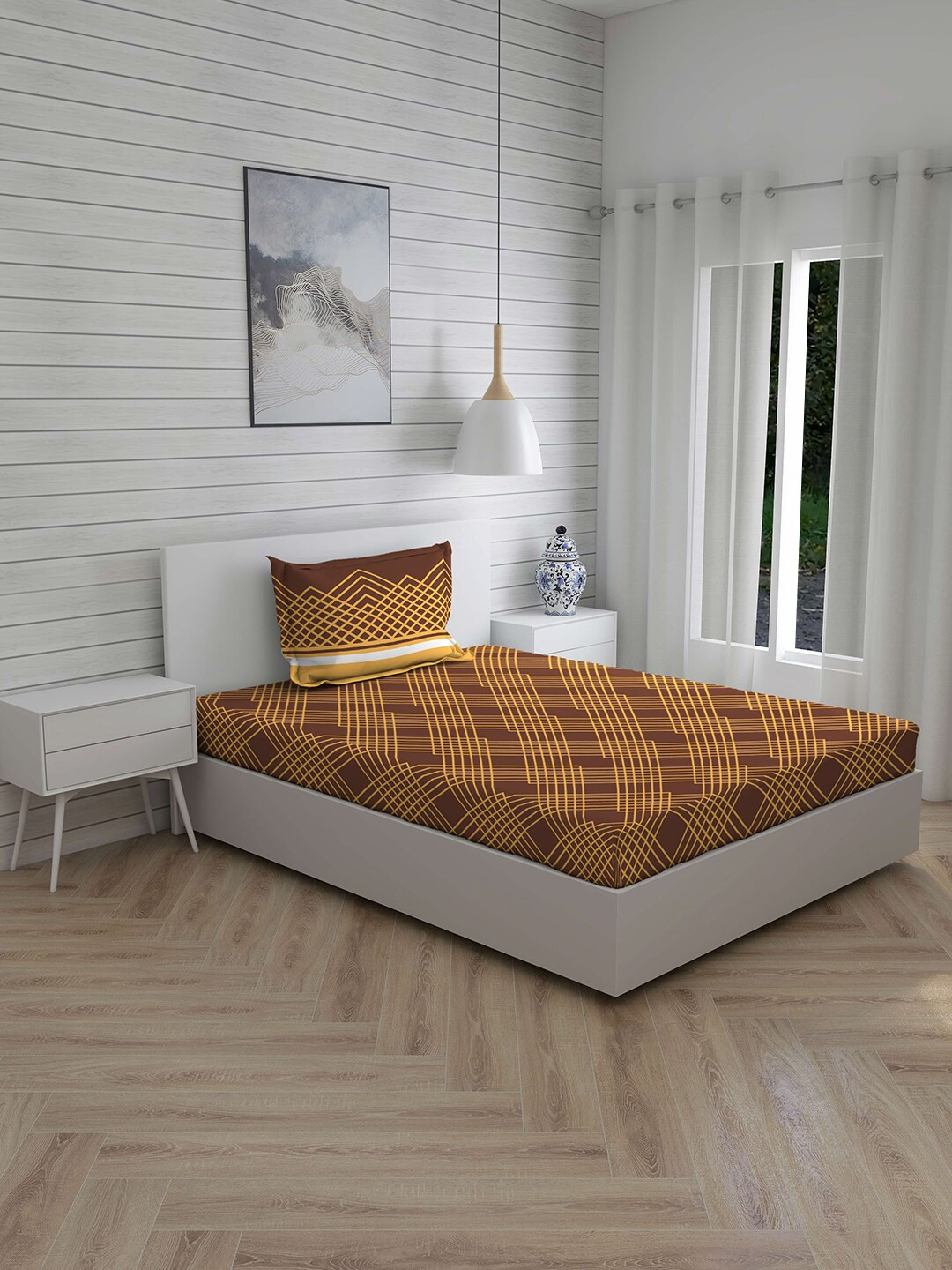 

Layers Brown & Yellow Geometric 144 TC Cotton 1 Single Bedsheet with 1 Pillow Covers