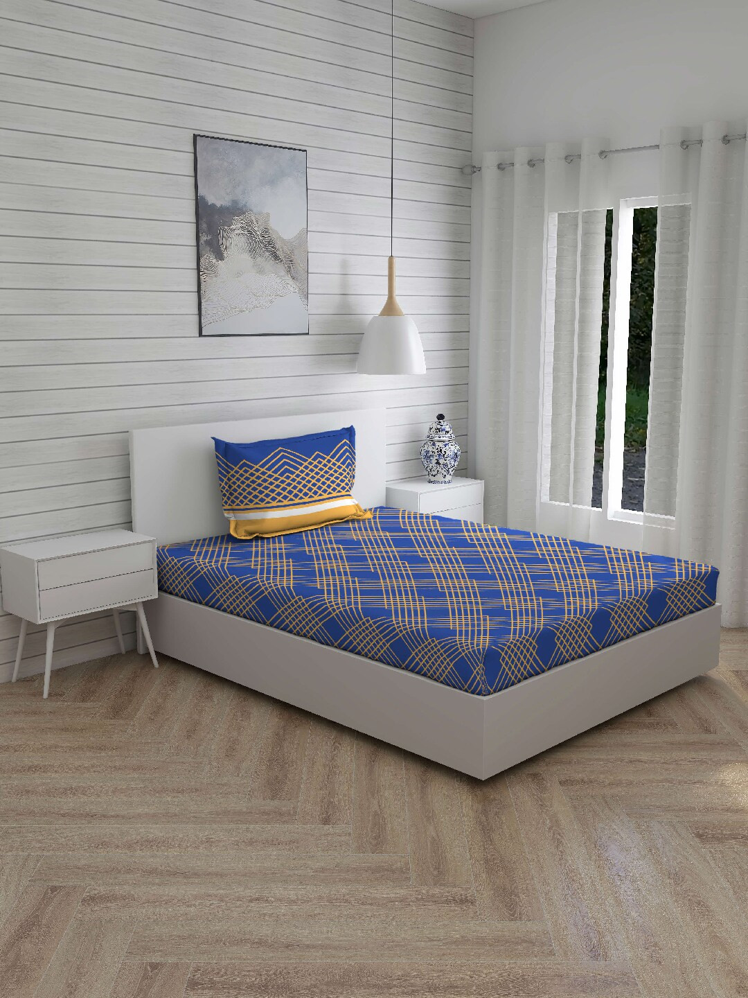 

Layers Navy Blue & Yellow Geometric 144 TC Cotton 1 Single Bedsheet with 1 Pillow Covers