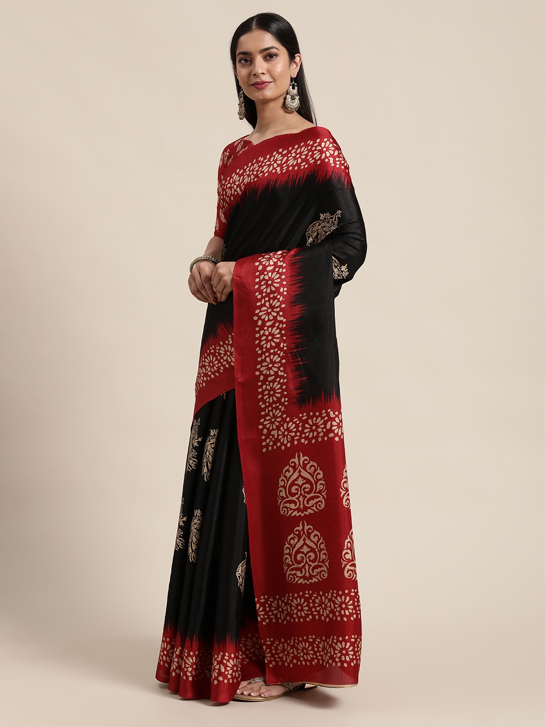 

Saree mall Black & Red Ethnic Motifs Art Silk Sarees