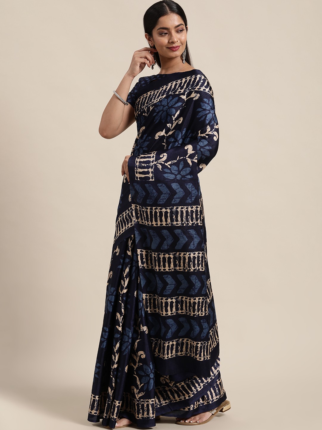 

Saree mall Navy Blue & Off White Floral Art Silk Sarees