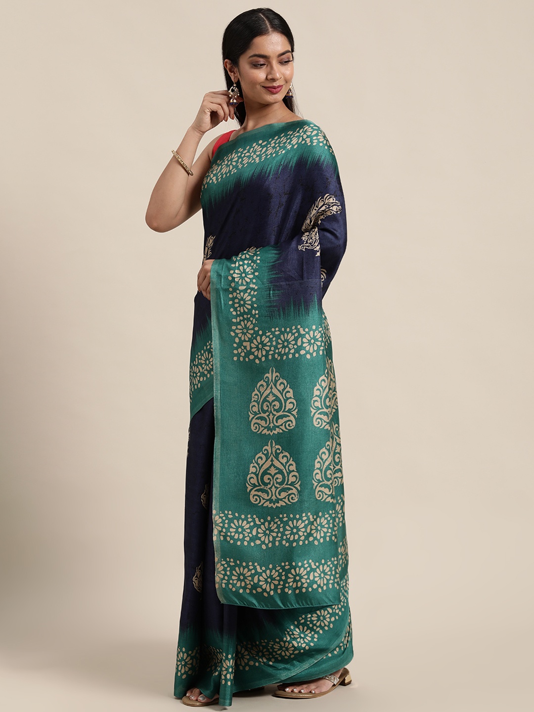 

Saree mall Navy Blue & Green Ethnic Motifs Art Silk Block Print Sarees