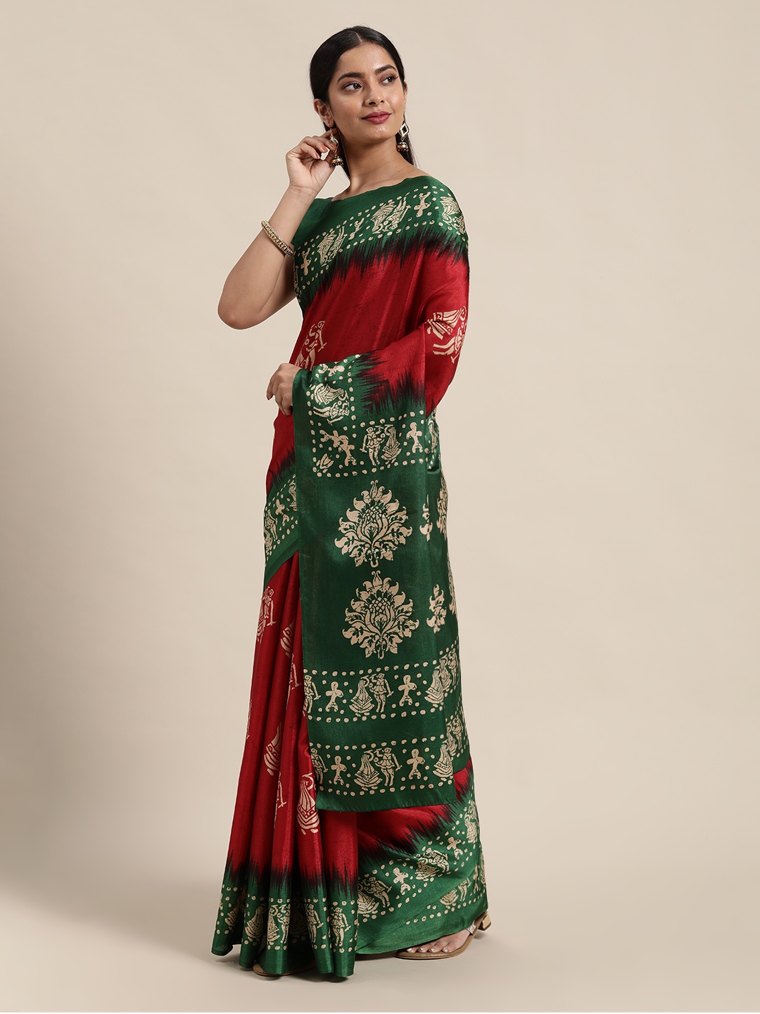 

Saree mall Red & Green Ethnic Motifs Art Silk Block Print Sarees