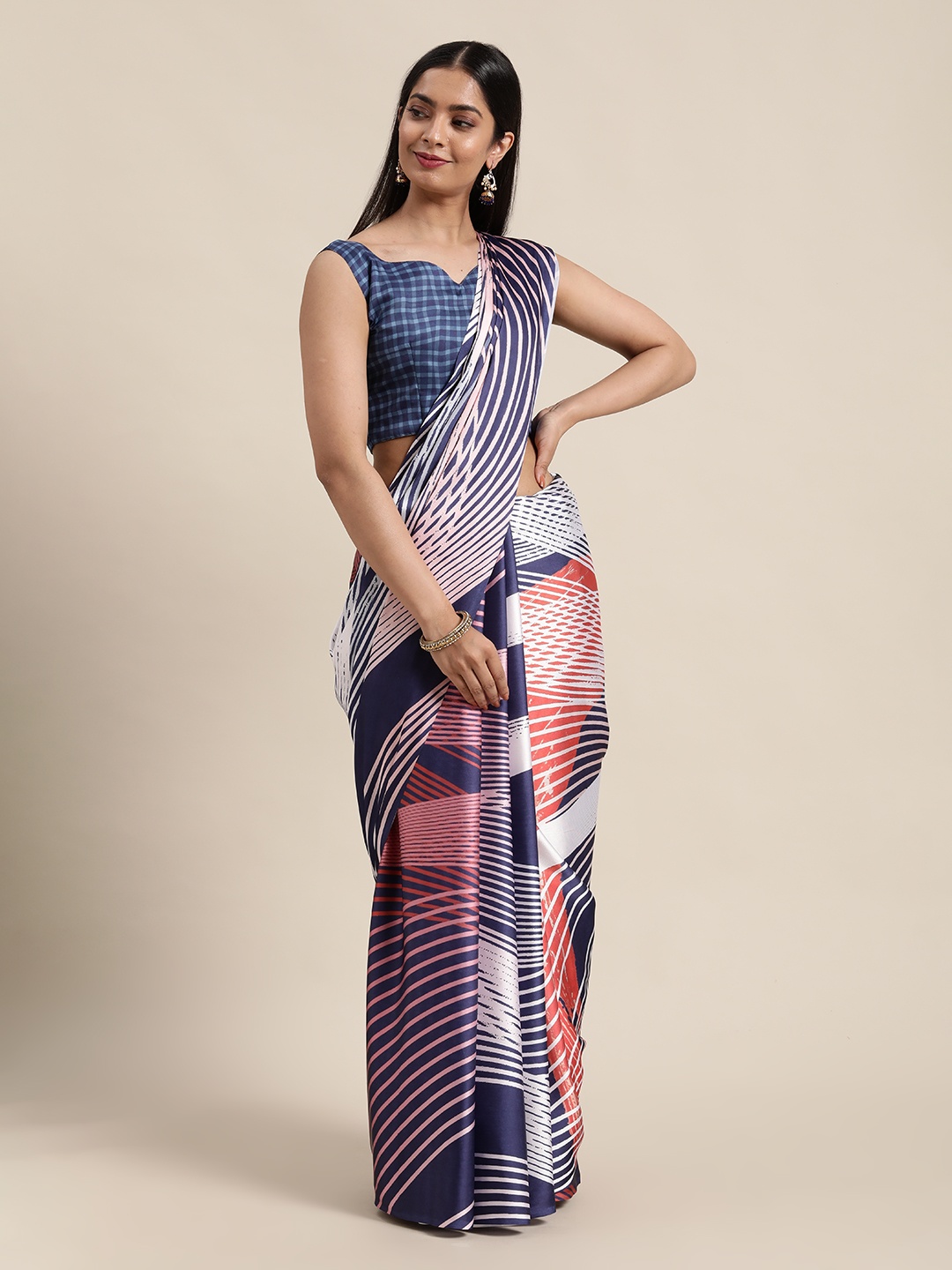 

Saree mall Pink & Navy Blue Striped Satin Sarees