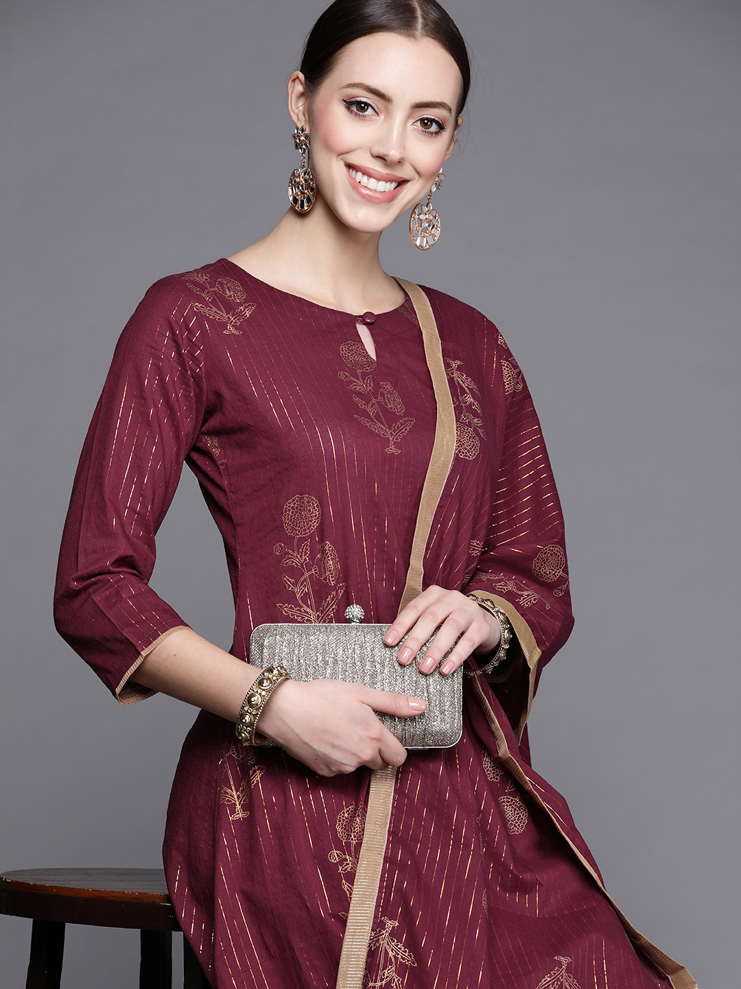 

Indo Era Women Maroon & Golden Printed Pure Cotton Kurta with Palazzos & Dupatta