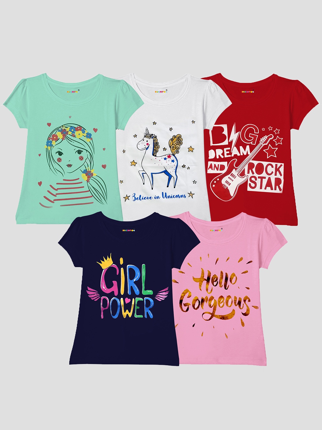 

KUCHIPOO Girls Pack of 5 Printed T-shirts, Navy blue