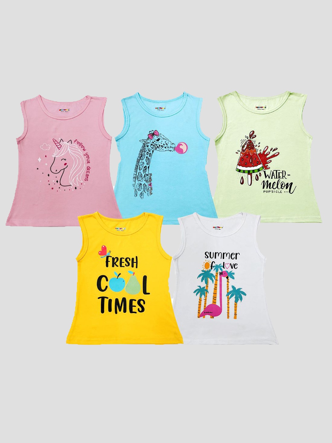 

KUCHIPOO Girls Pack of 5 Printed Sleeveless T-shirts, Multi