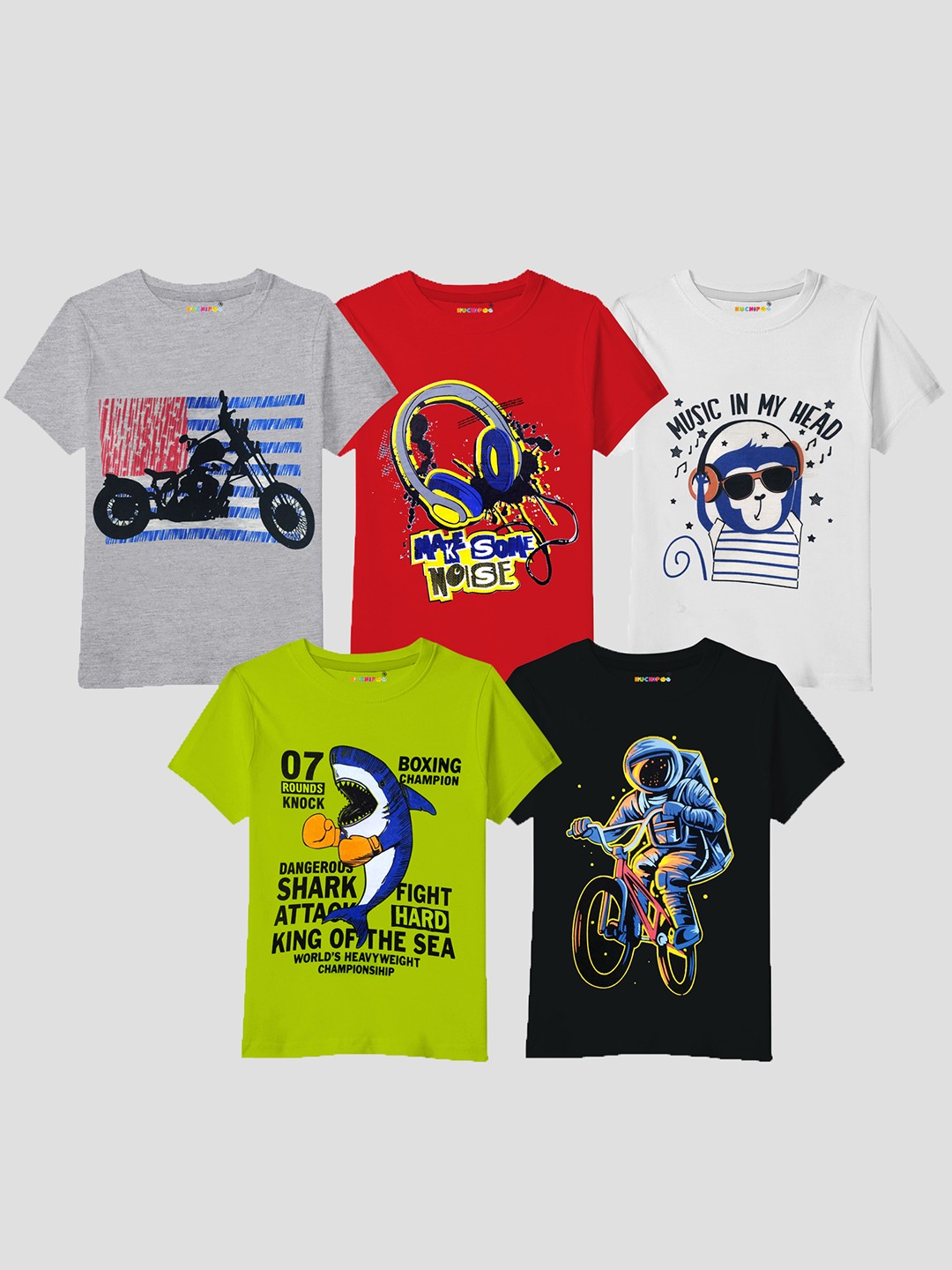 

KUCHIPOO Boys Pack of 5 Printed T-shirts, Grey melange