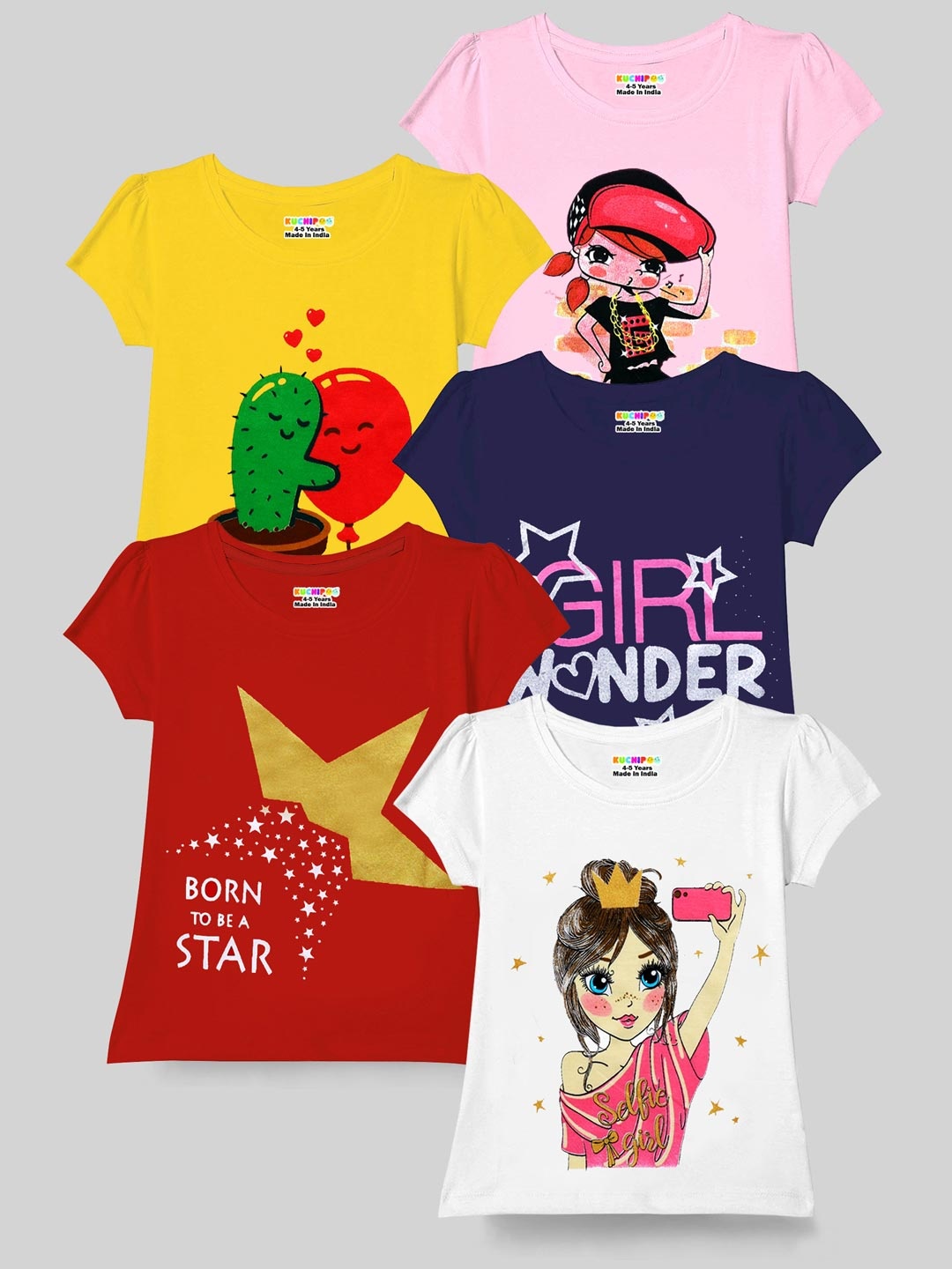 

KUCHIPOO Girls Pack of 5 Printed T-shirt, White