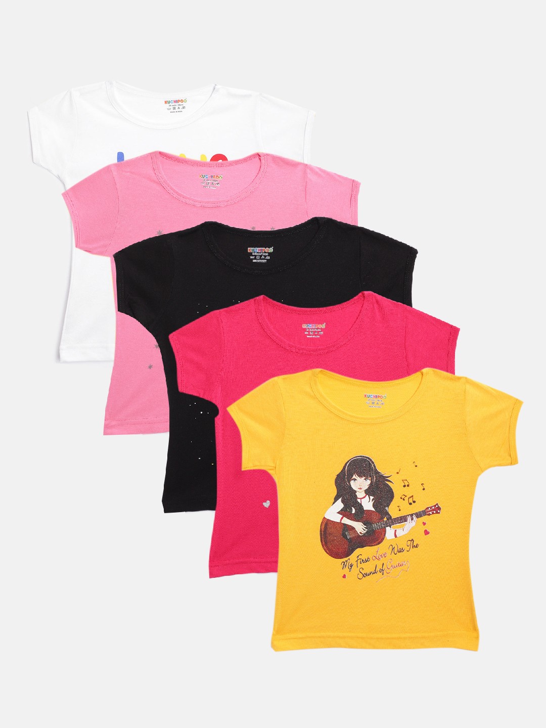 

KUCHIPOO Girls Pack of 5 Printed Round Neck T-shirts, Multi