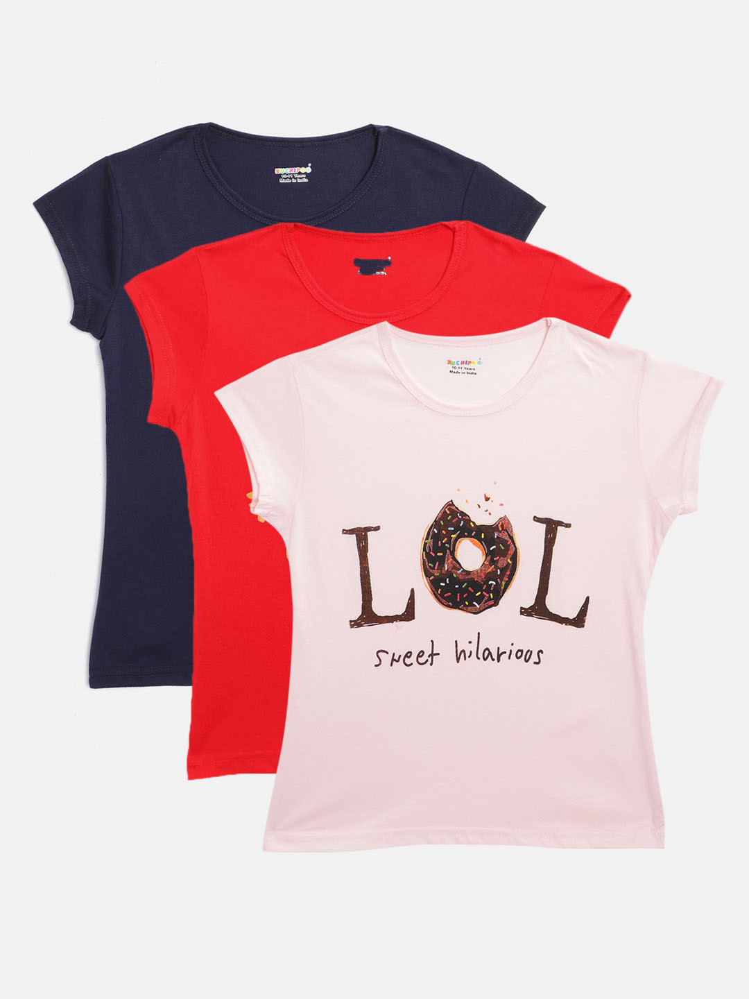 

KUCHIPOO Girls Pack of 3 Printed T-shirt, Navy blue