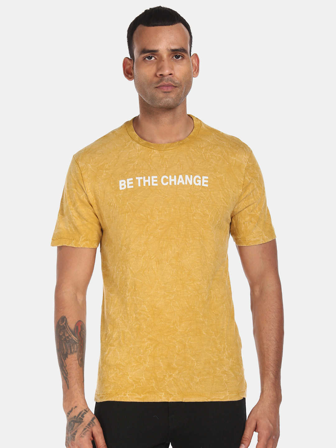 

Colt Men Mustard & White Self Design Pure Cotton Round Neck T-shirt