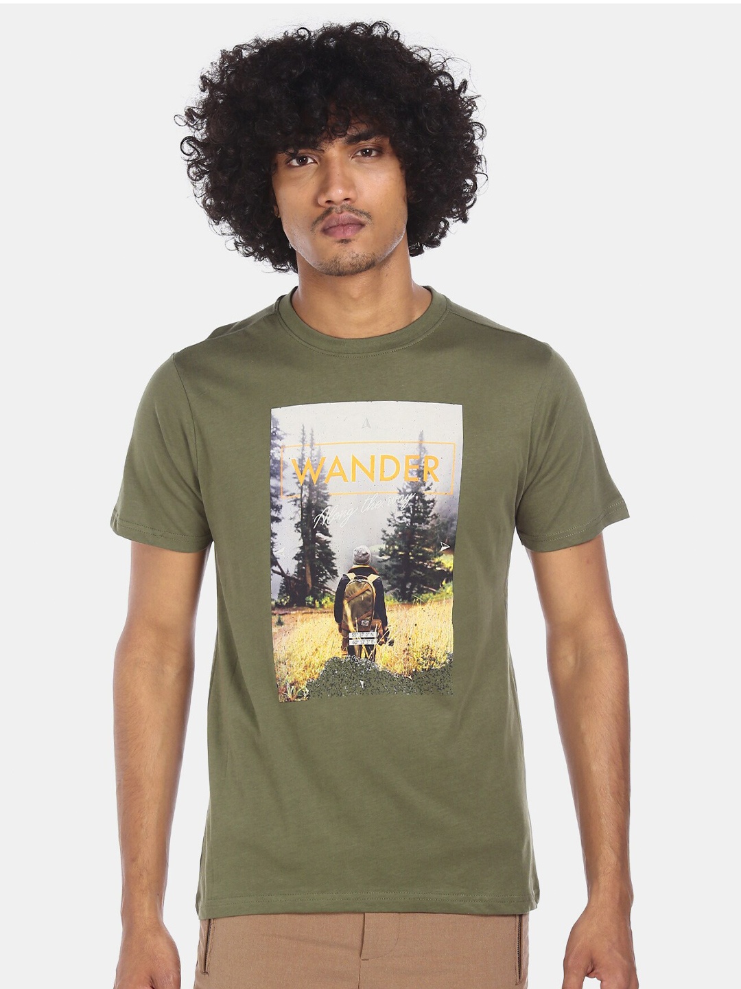 

Colt Men Olive Green & White Pure Cotton Printed Round Neck T-shirt