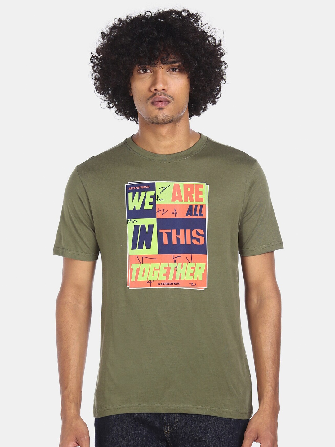 

Colt Men Olive Green & Fluorescent Green Pure Cotton Printed Round Neck T-shirt