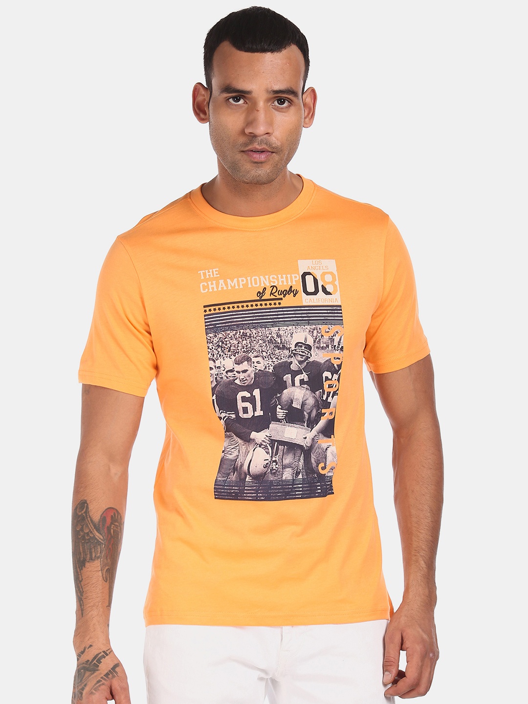 

Colt Men Orange & Black Pure Cotton Printed Round Neck T-shirt