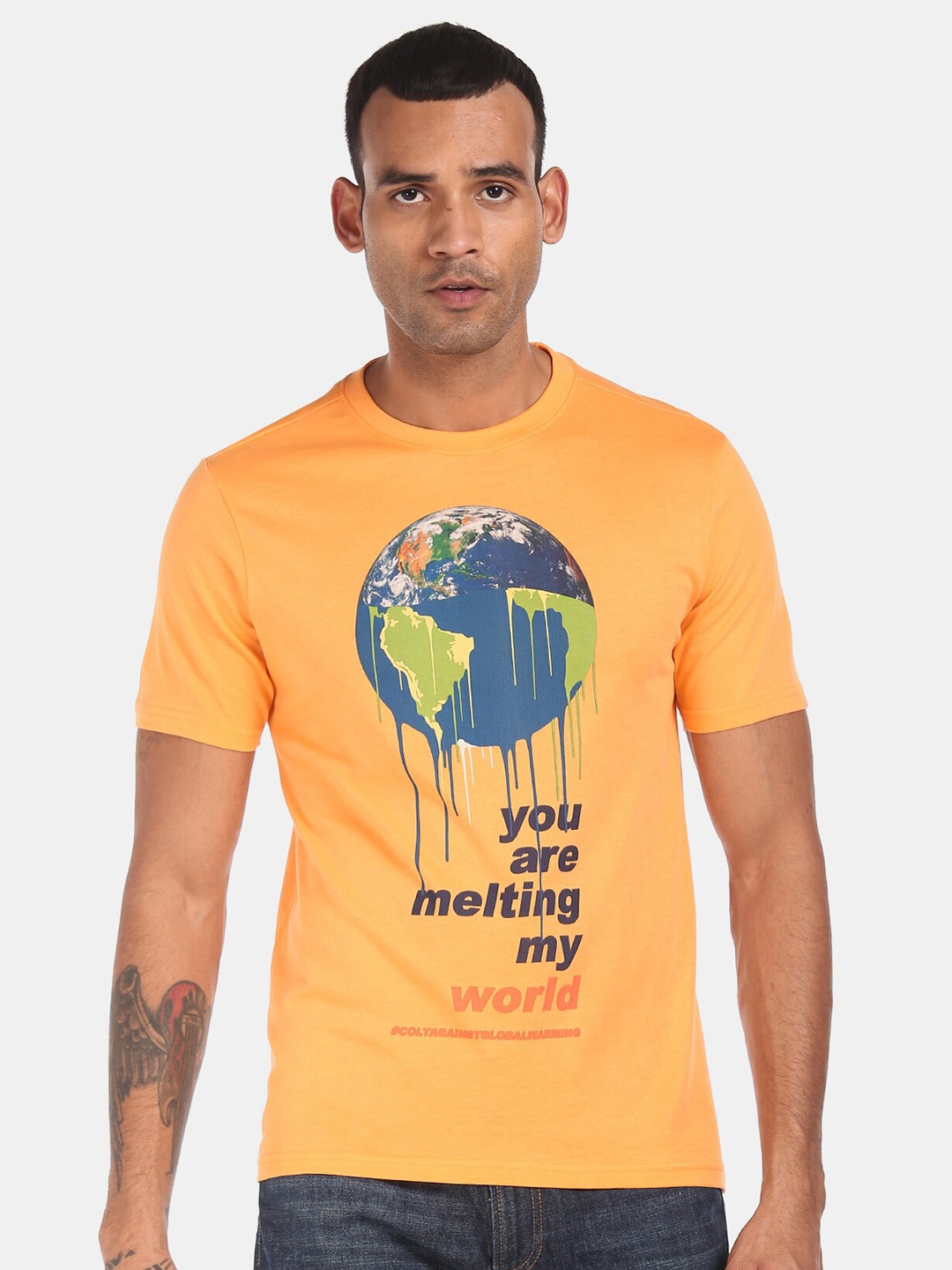 

Colt Men Orange & Blue Pure Cotton Printed Round Neck T-shirt