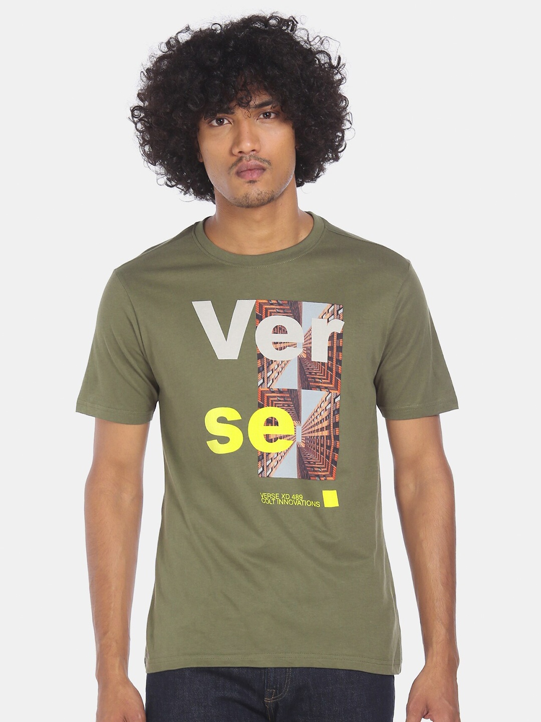 

Colt Men Olive Green & White Pure Cotton Printed Round Neck T-shirt