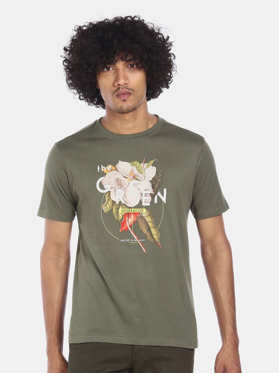 

Colt Men Olive Green & Cream Coloured Pure Cotton Printed Round Neck T-shirt