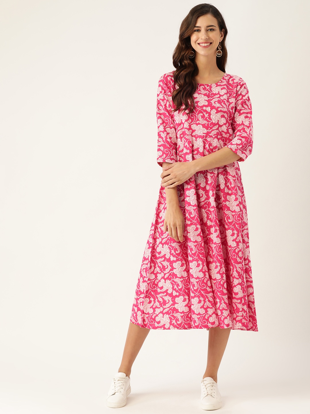 

Shae by SASSAFRAS Pink & White Floral Ethnic A-Line Midi Dress