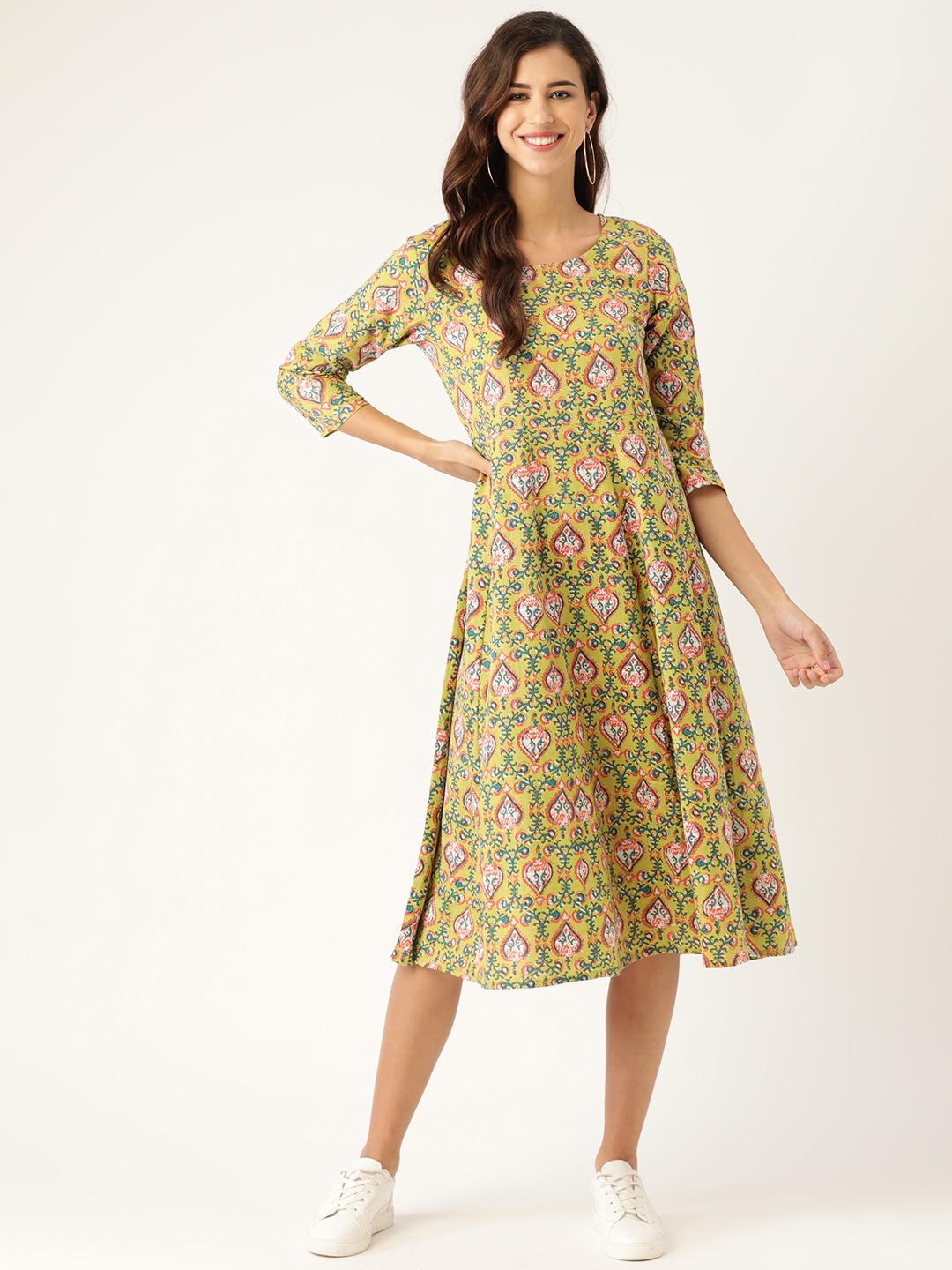 

Shae by SASSAFRAS Yellow & Green Ethnic Motifs Ethnic A-Line Midi Dress