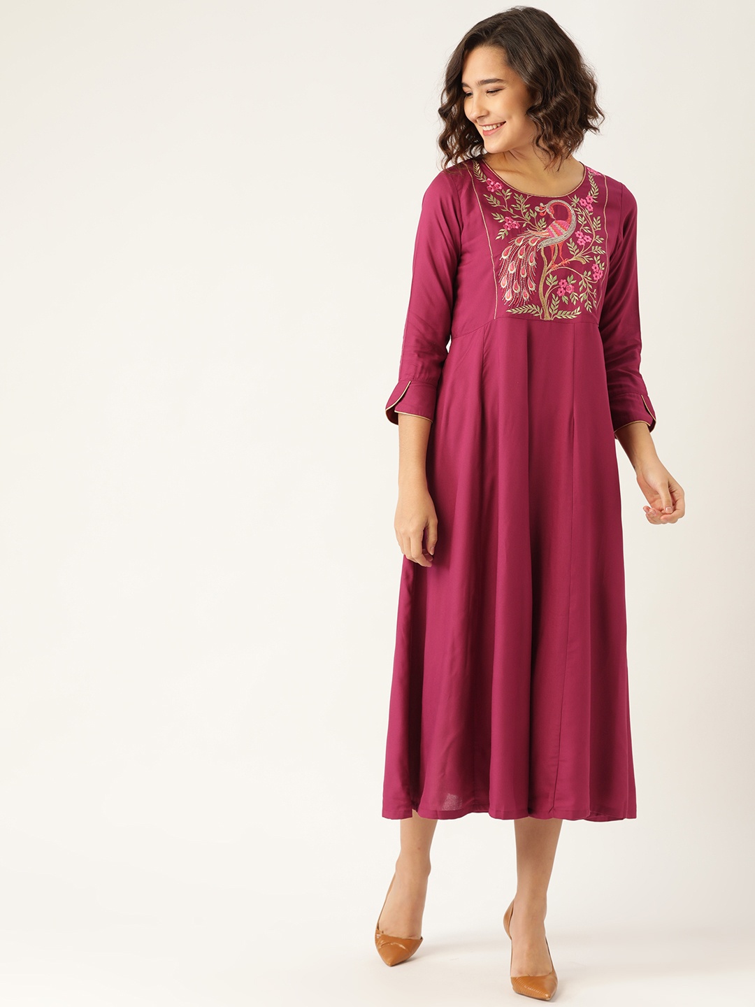 

Shae by SASSAFRAS Magenta Peacock Motif Embroidered A-Line Midi Dress