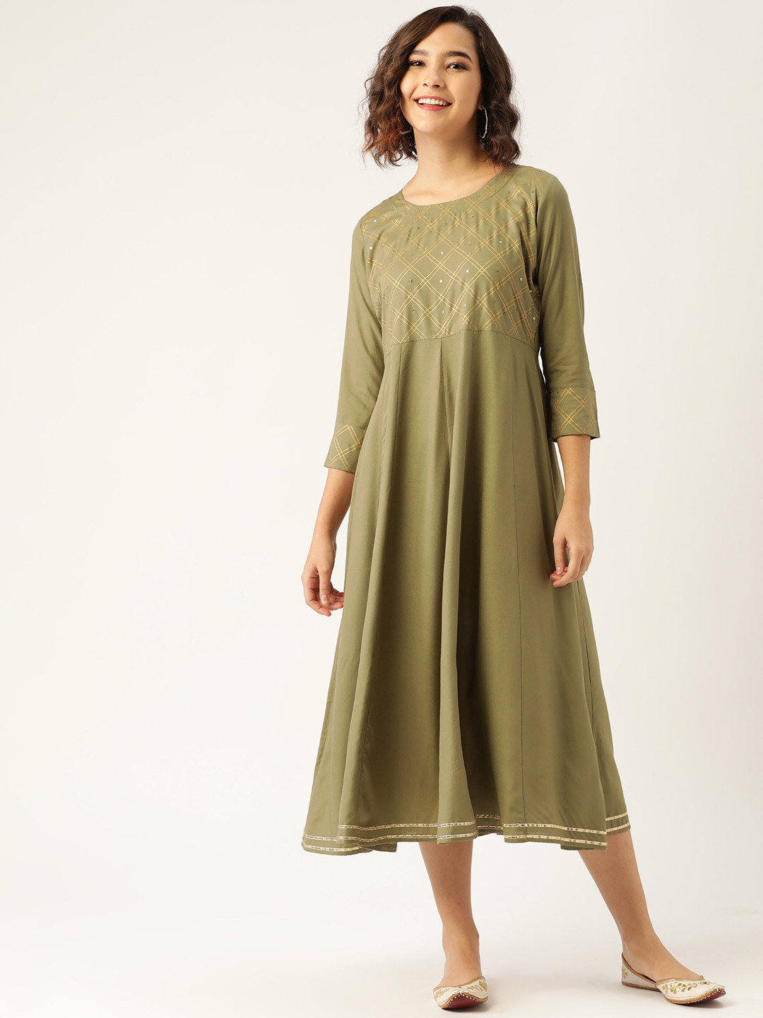 

Shae by SASSAFRAS Olive & Beige Sequined A-Line Midi Dress