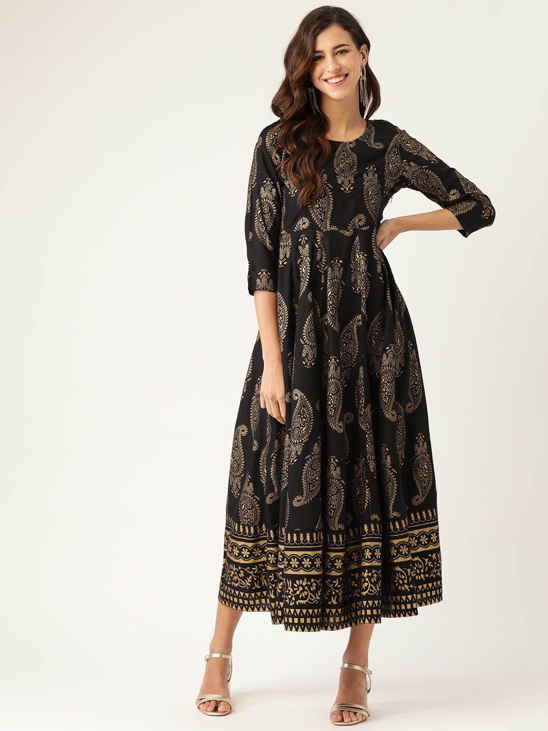 

Shae by SASSAFRAS Black & Golden Ethnic Motifs A-Line Midi Dress