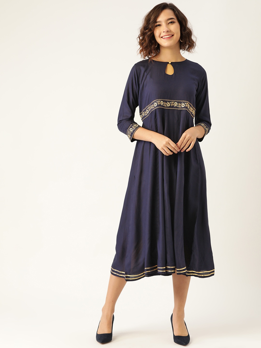 

Shae by SASSAFRAS Navy Blue Keyhole Neck Ethnic Empire Midi Dress