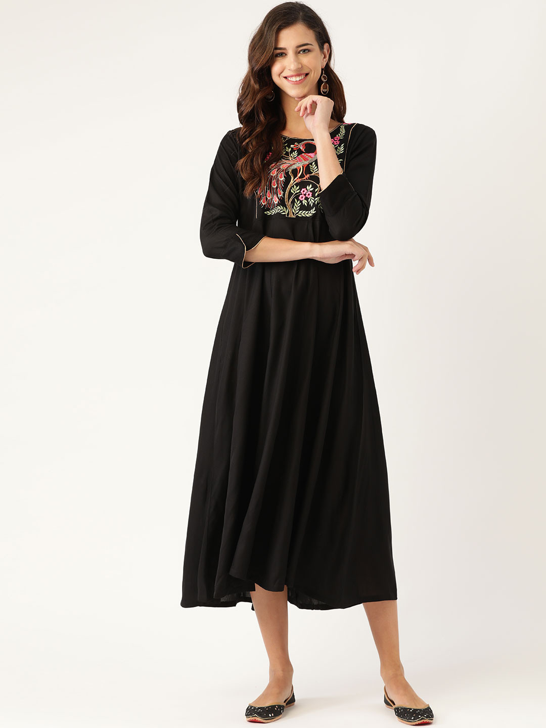 

Shae by SASSAFRAS Women Black & Pink Ethnic Motifs Print Embroidered Panelled A-Line Dress