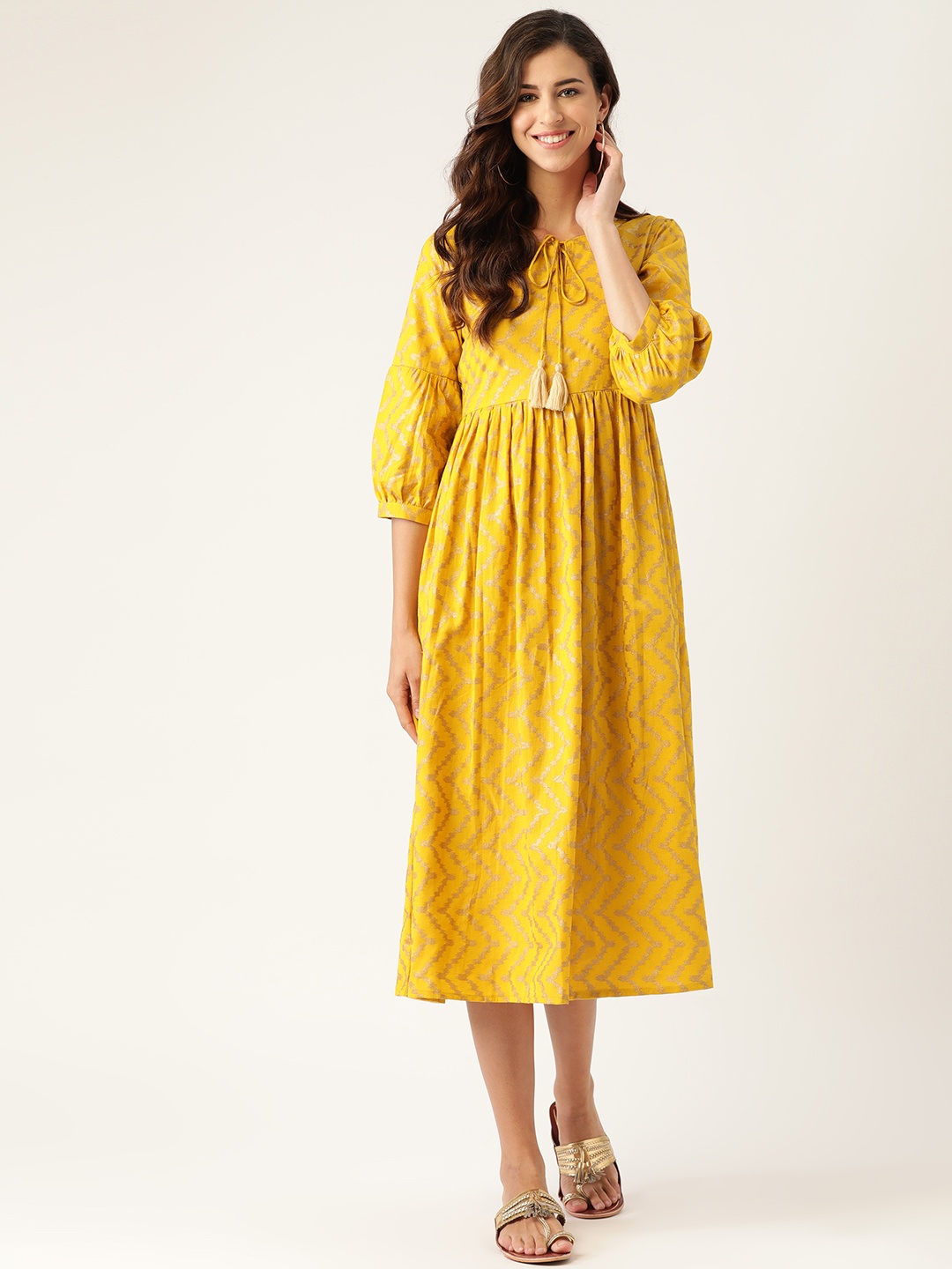 

Shae by SASSAFRAS Mustard & Off White Tie-Up Neck Ethnic A-Line Midi Ethnic Dress