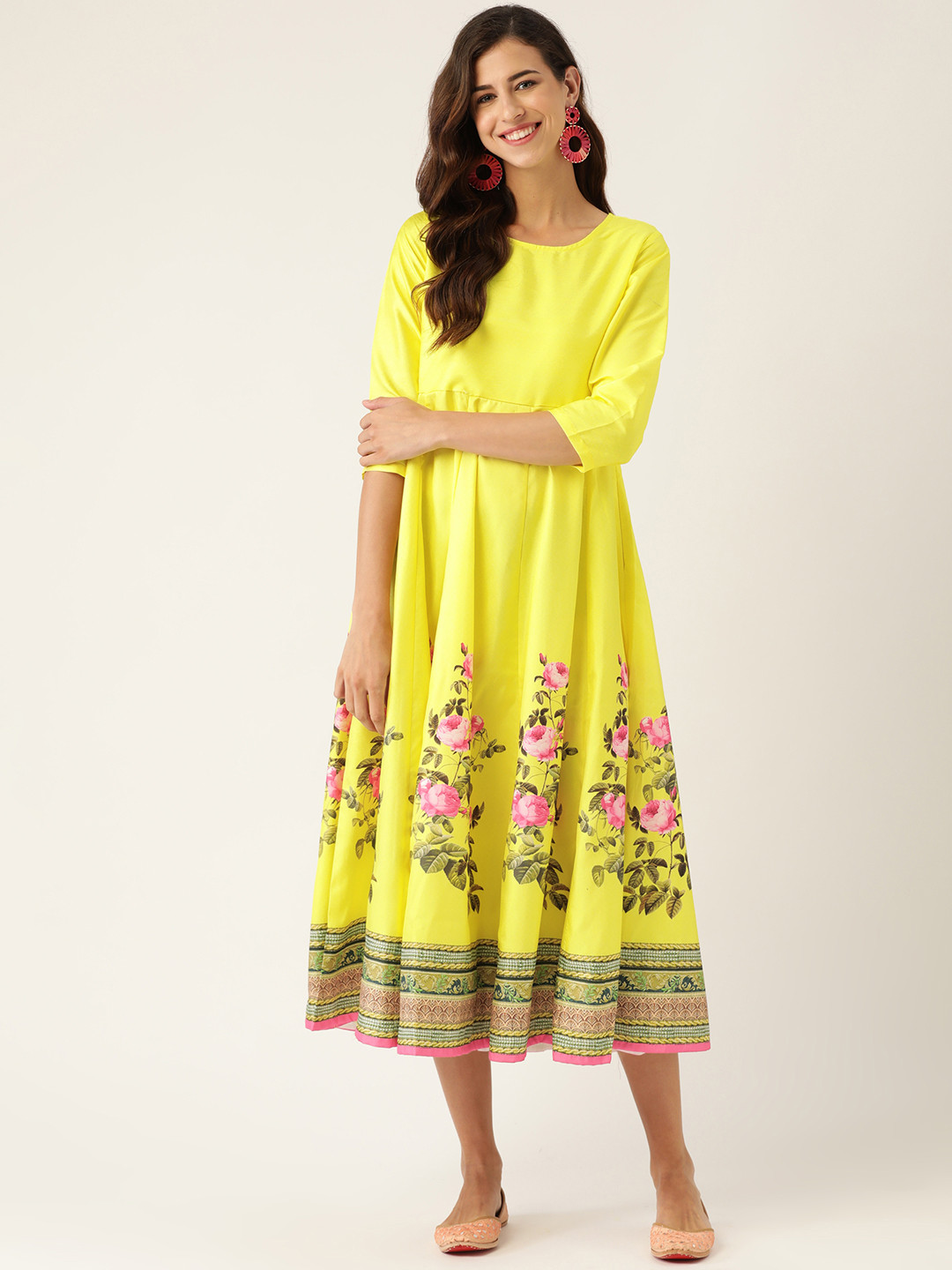

Shae by SASSAFRAS Yellow & Pink Ethnic Motifs Ethnic A-Line Midi Dress