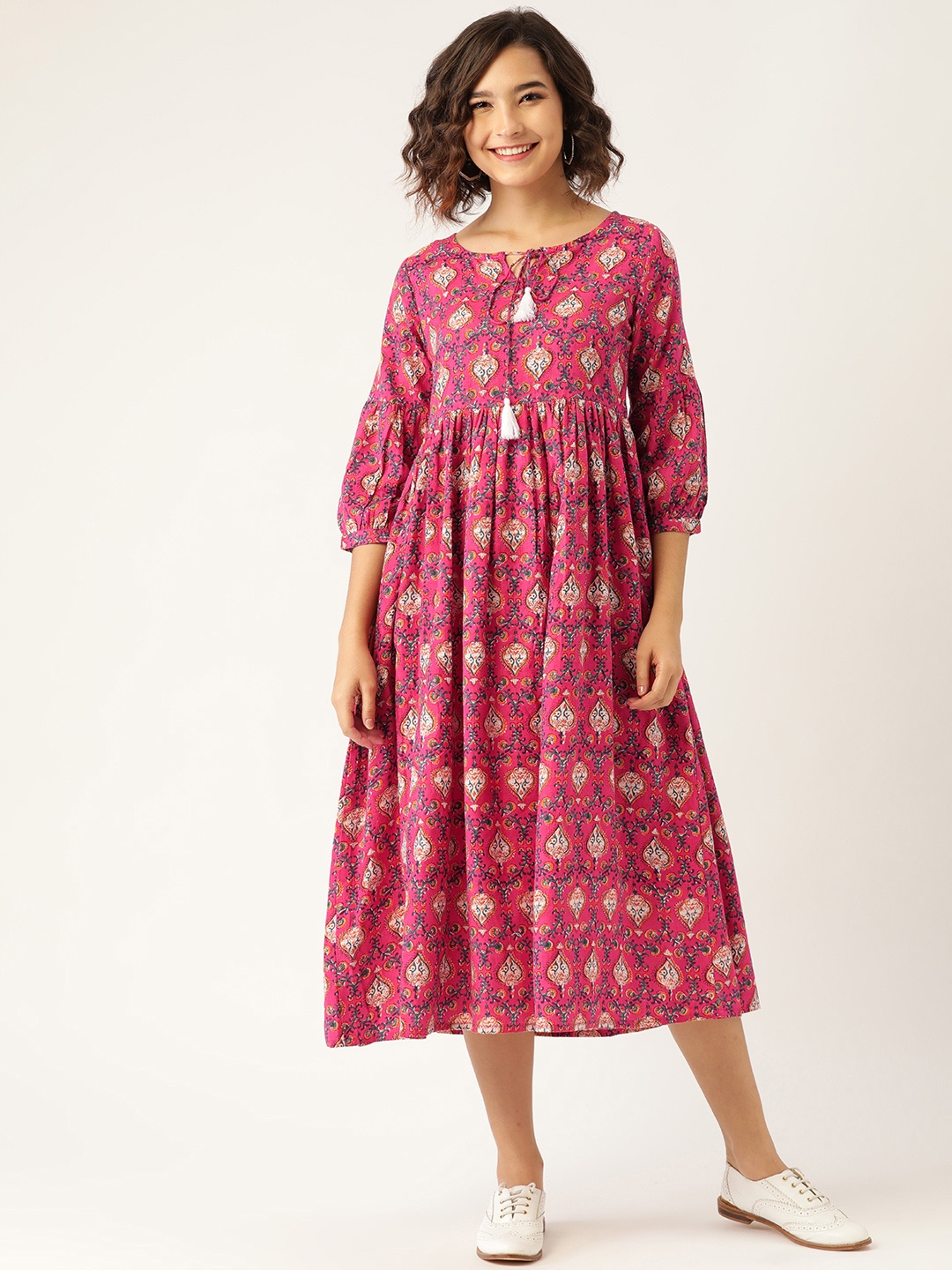

Shae by SASSAFRAS Pink & Navy Blue Cotton Linen Ethnic Motifs Ethnic A-Line Midi Dress