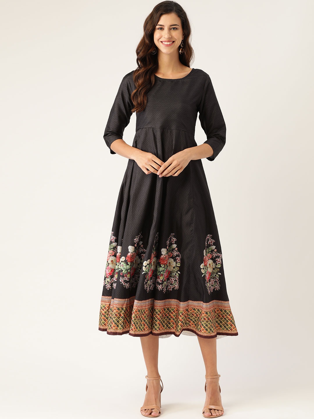 

Shae by SASSAFRAS Women Black & Coral Red Ethnic Motifs Print Panelled A-Line Dress