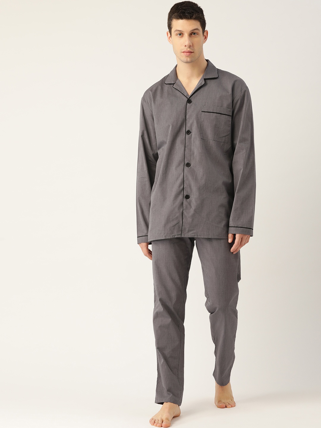 

Hancock Men Grey Solid Pure Cotton Night suit