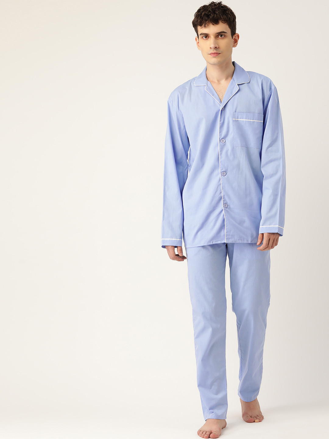 

Hancock Men Blue Solid Pure Cotton Night suit