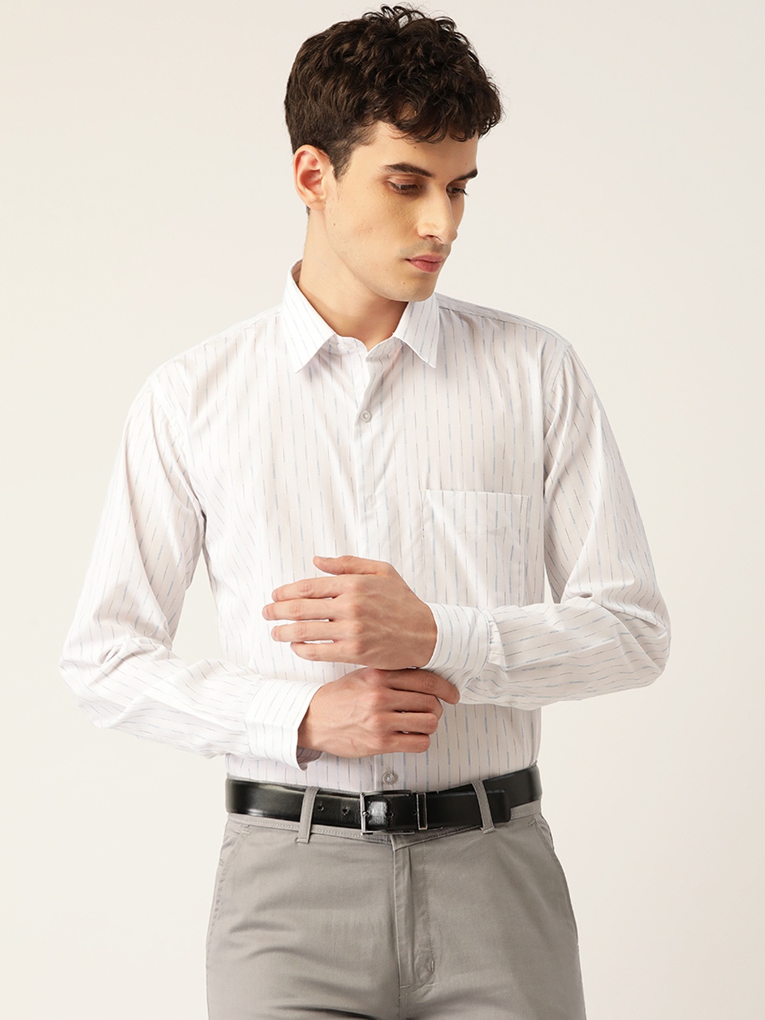 

Hancock Men White Striped Pure Cotton Slim Fit Formal Shirt