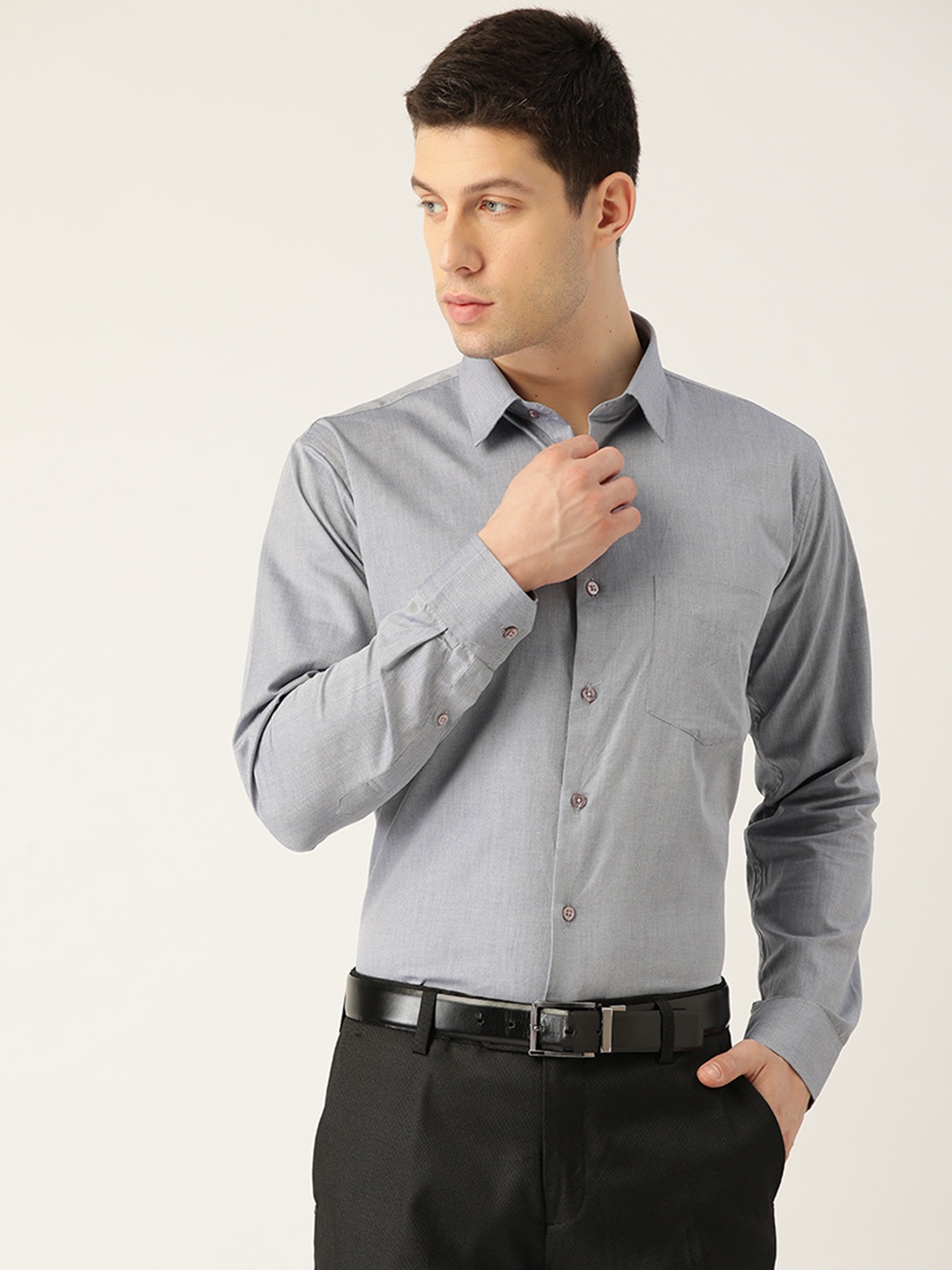 

Hancock Men Grey Solid Pure Cotton Slim Fit Formal Shirt