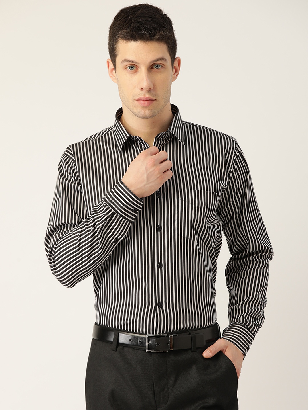 

Hancock Men Black Striped Pure Cotton Slim Fit Formal Shirt