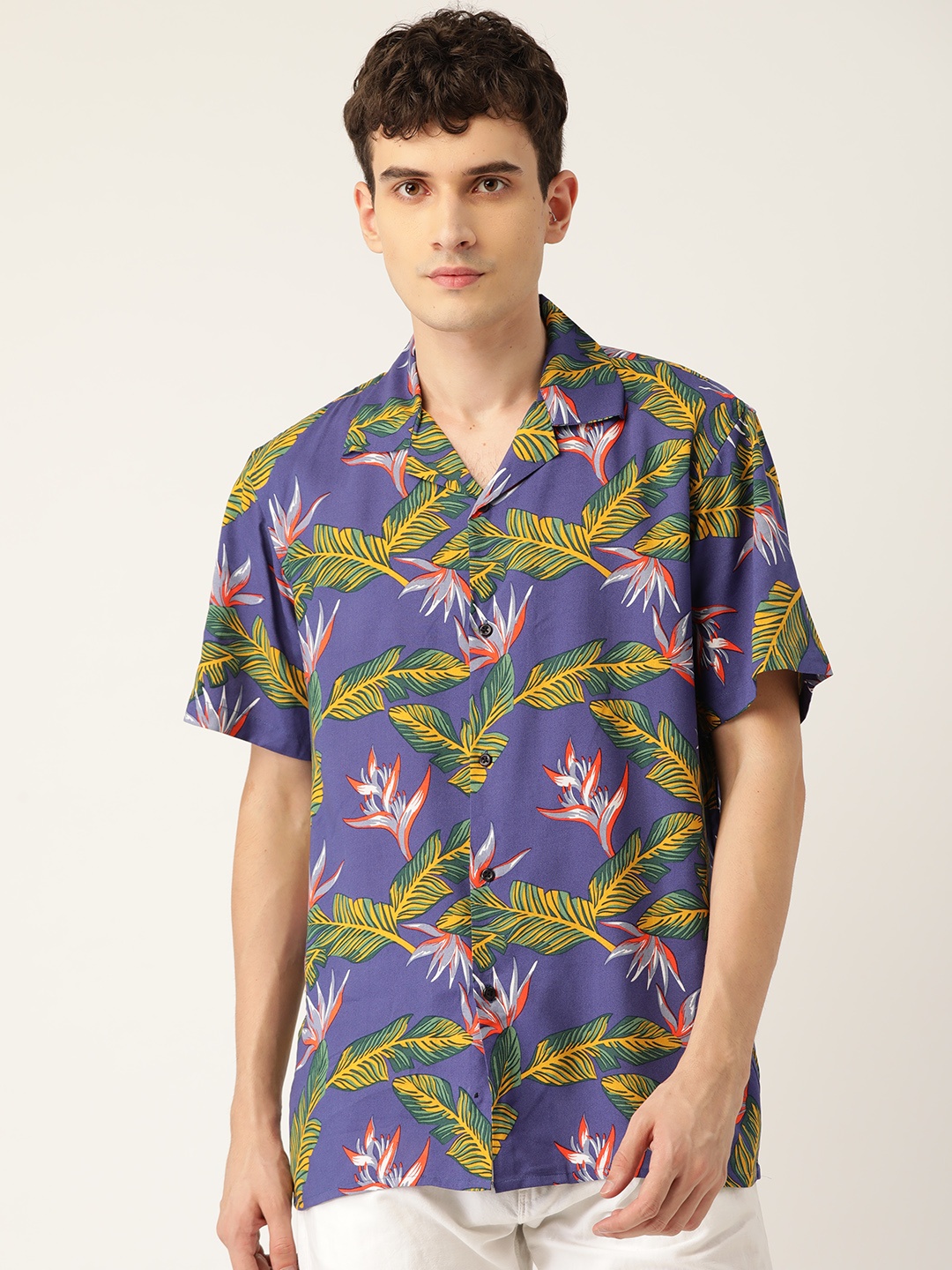 

Hancock Men Blue & Yellow Relaxed Tropical Print Casual Shirt