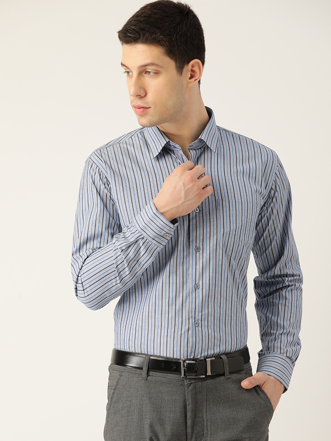 

Hancock Men Blue & Grey Slim Fit Striped Pure Cotton Formal Shirt