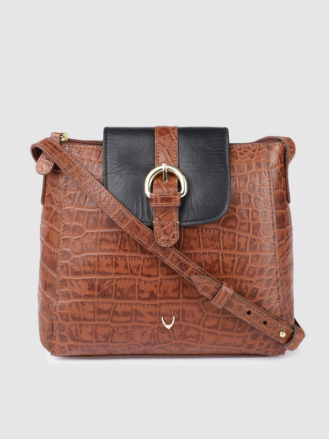 

Hidesign Tan Brown Handcrafted Croc Textured Leather Structured Sling Bag