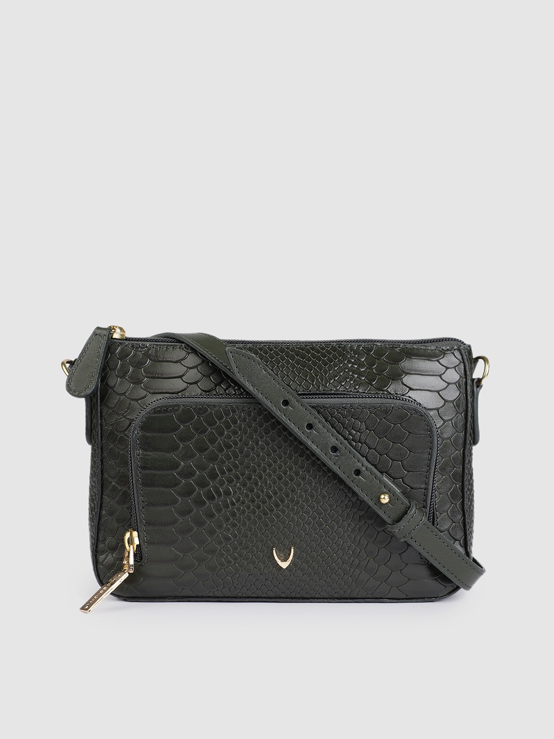 

Hidesign Green Snakeskin Textured Leather Structured Sling Bag