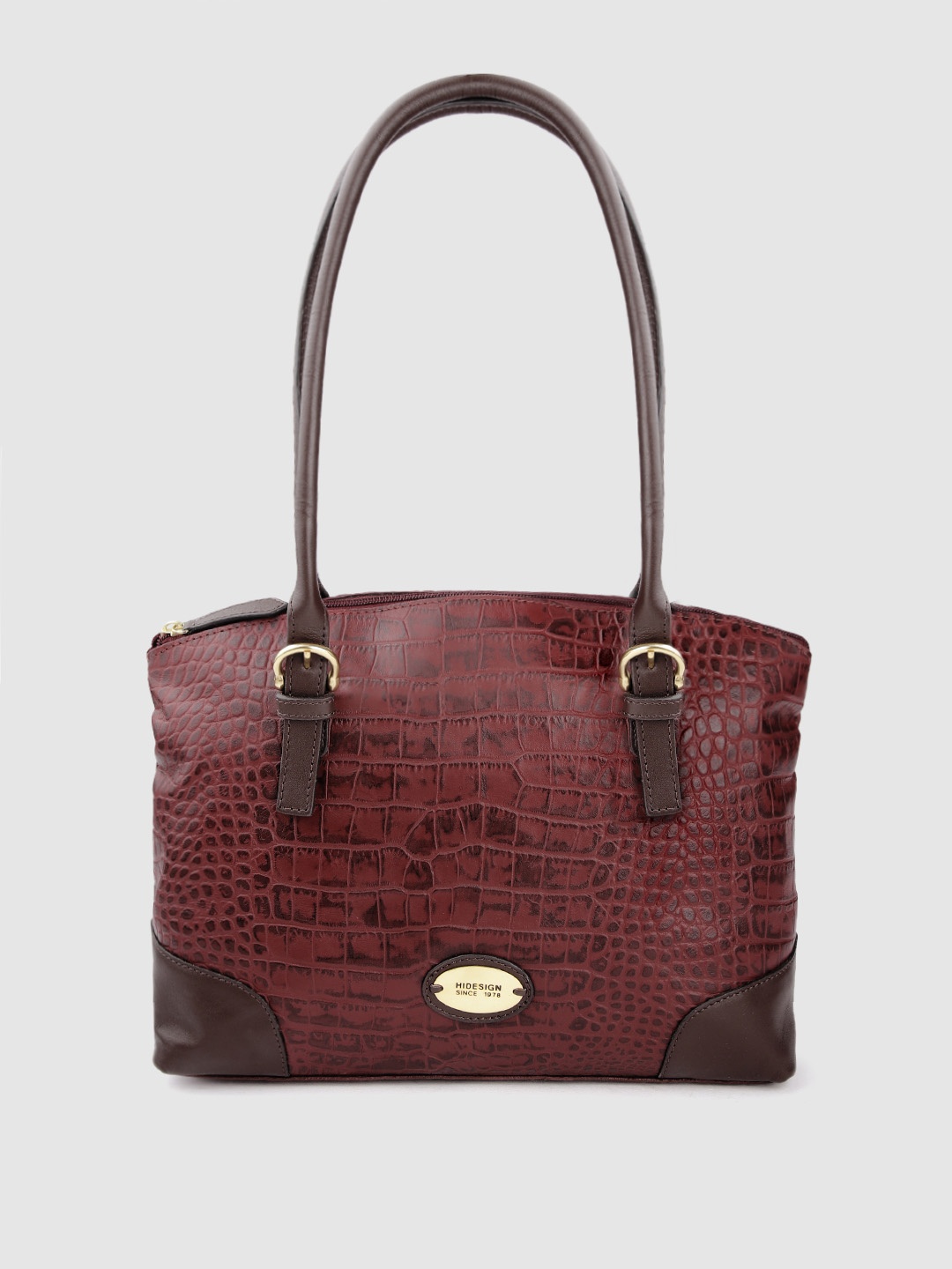 

Hidesign Burgundy & Coffee Brown Croc Textured Leather Structured Sling Bag