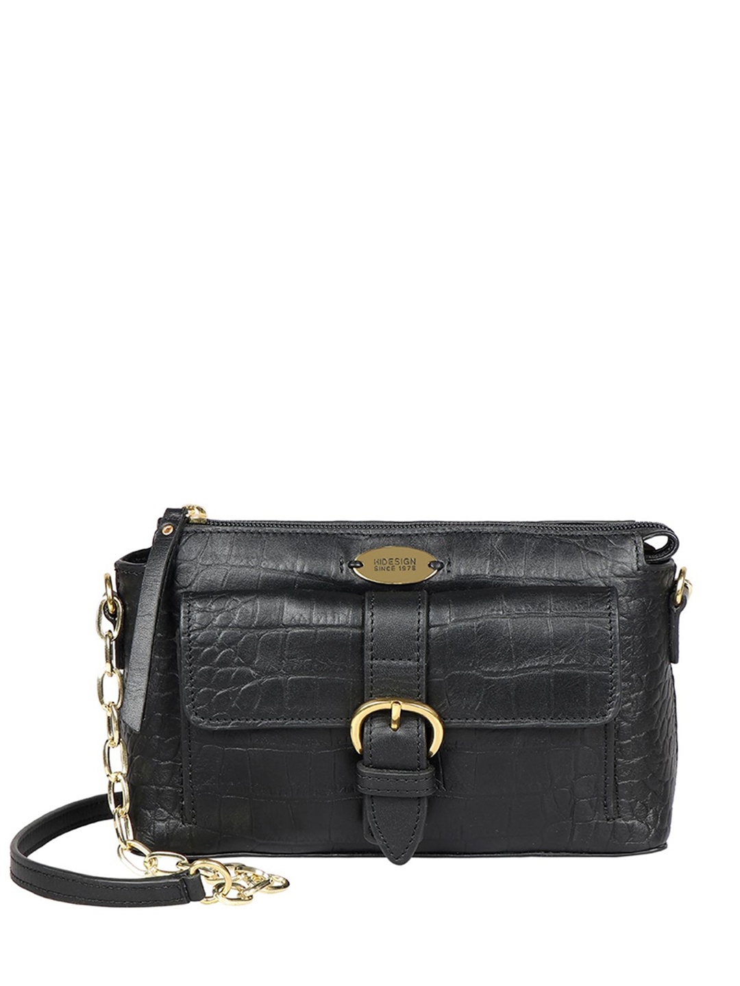 

Hidesign Black Handcrafted Croc Textured Leather Structured Sling Bag