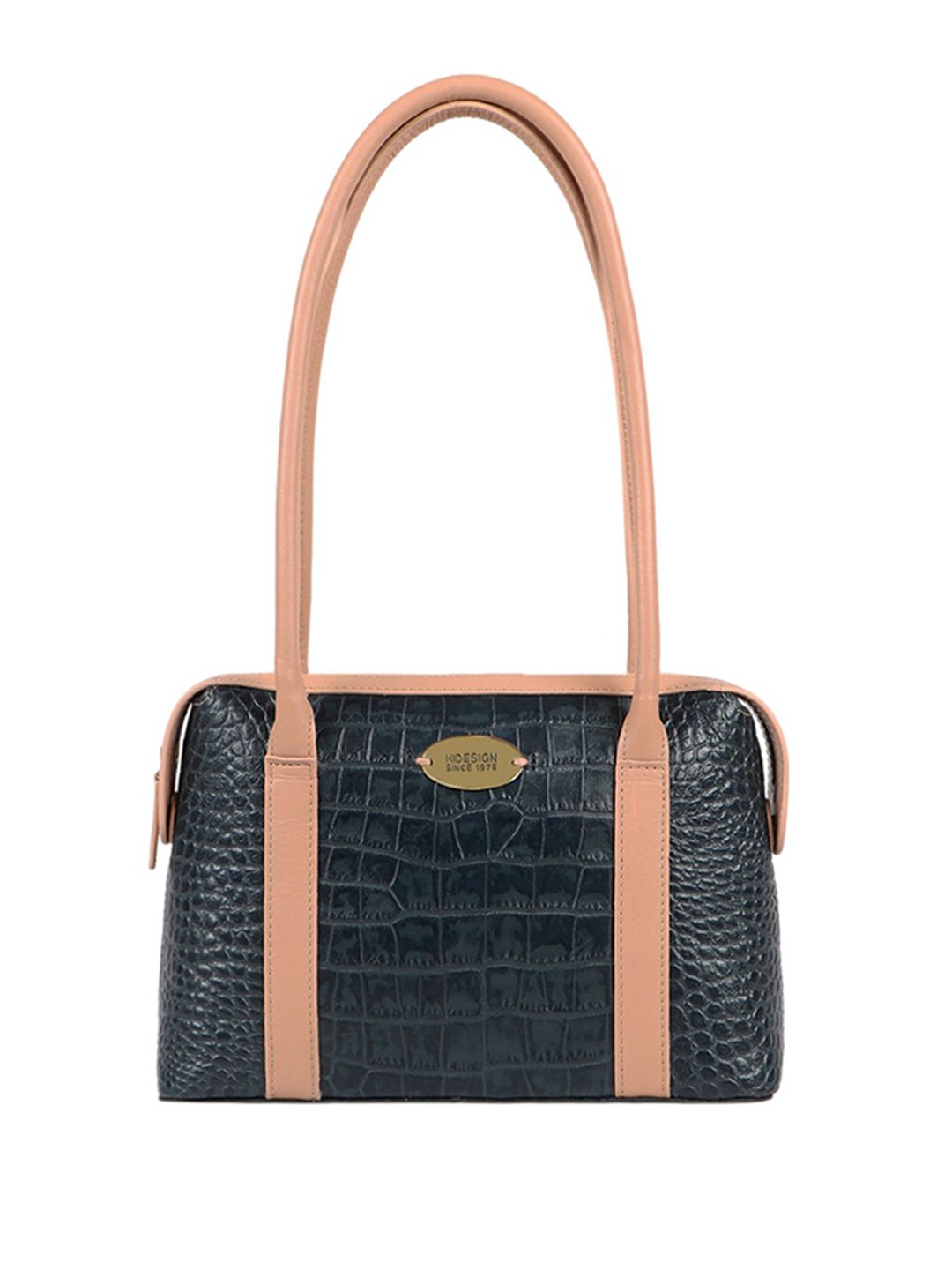 

Hidesign Navy Blue Croc Textured Leather Structured Handheld Bag