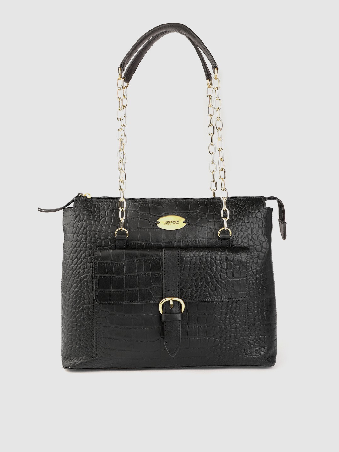 

Hidesign Black Croc Textured Leather Shoulder Bag with Pouch